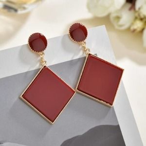 Deep Red Square & Gold Drop Fashion Earrings